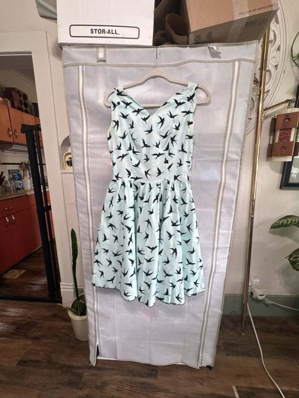 Size M Bernie Dexter Swan Dress Sky Blue Swallow Bird Print Retro Pocket